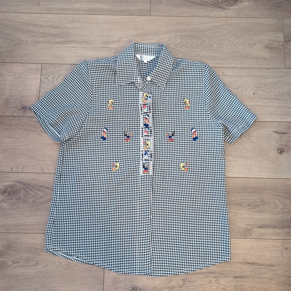 Vintage 70s/80s Button Up Disney Top Checkered Shoulder Pads Mickey Mouse Tweety